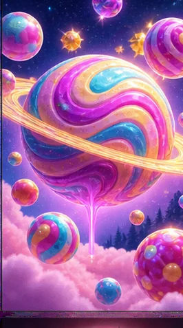 Colourful sweets in an illustrated landscape